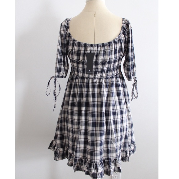 Lulus NWT Plaid Countryside Aura Navy Blue Plaid Short Sleeve Mini Dress Small - Picture 12 of 14